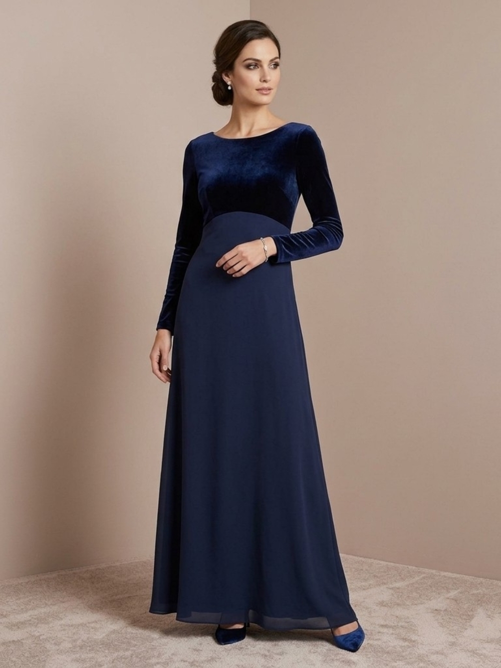 VTG Alex Evenings Velvet Chiffon Maxi Dress 14P Blue Empire Waist Gown Hoco USA